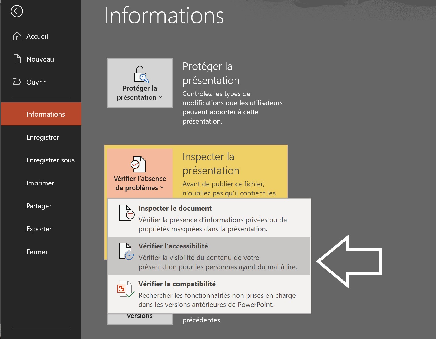 Capture d’écran de Menu Vérification de l’accessibilité